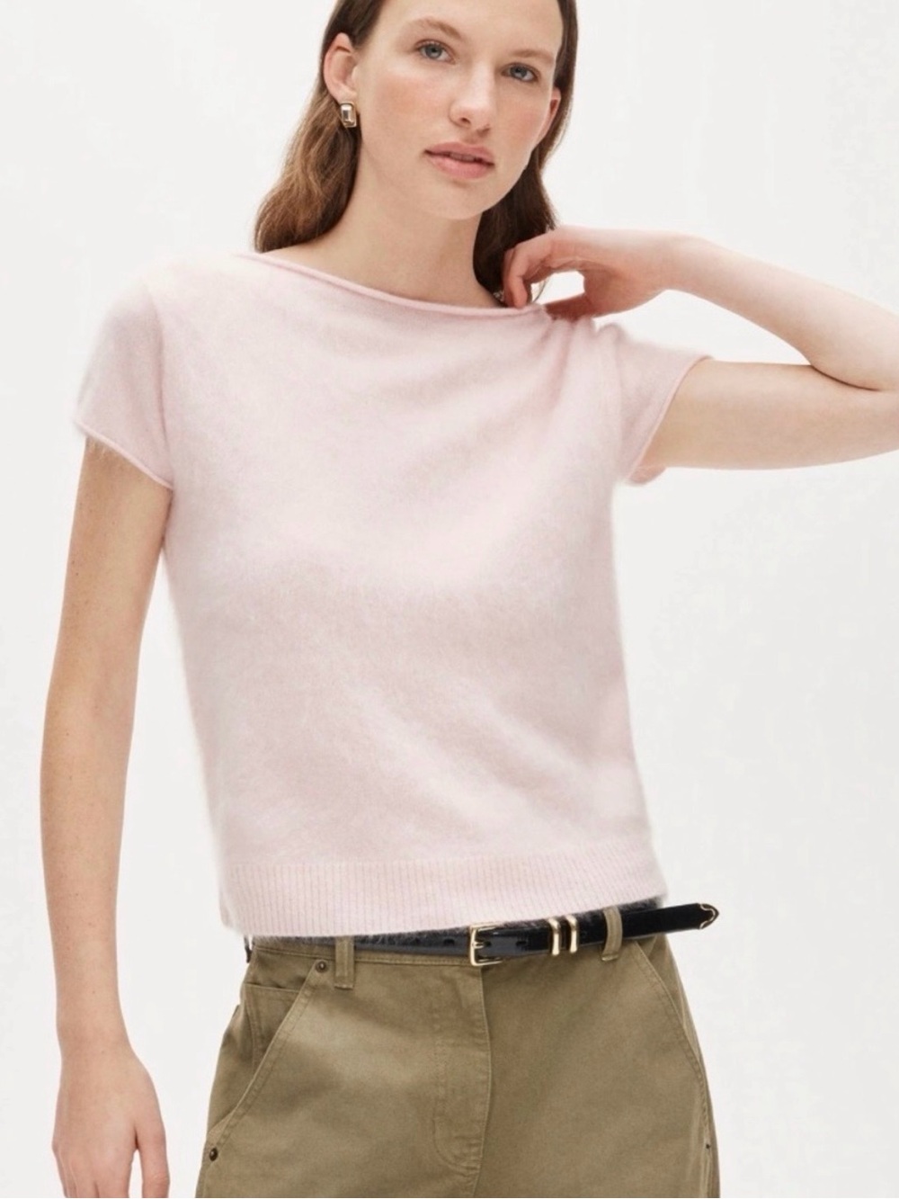 J. Crew Short-Sleeve Brushed Cashmere Tee in Pale Pink
